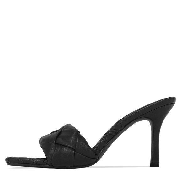 NEW Black Square Open Toe Woven Braided Sandal Mules Stiletto Heel Slip-On - Picture 3 of 5